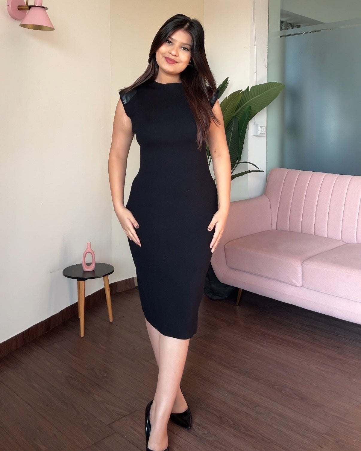 Knitted Midi Dress With Leather Shoulder Detailing