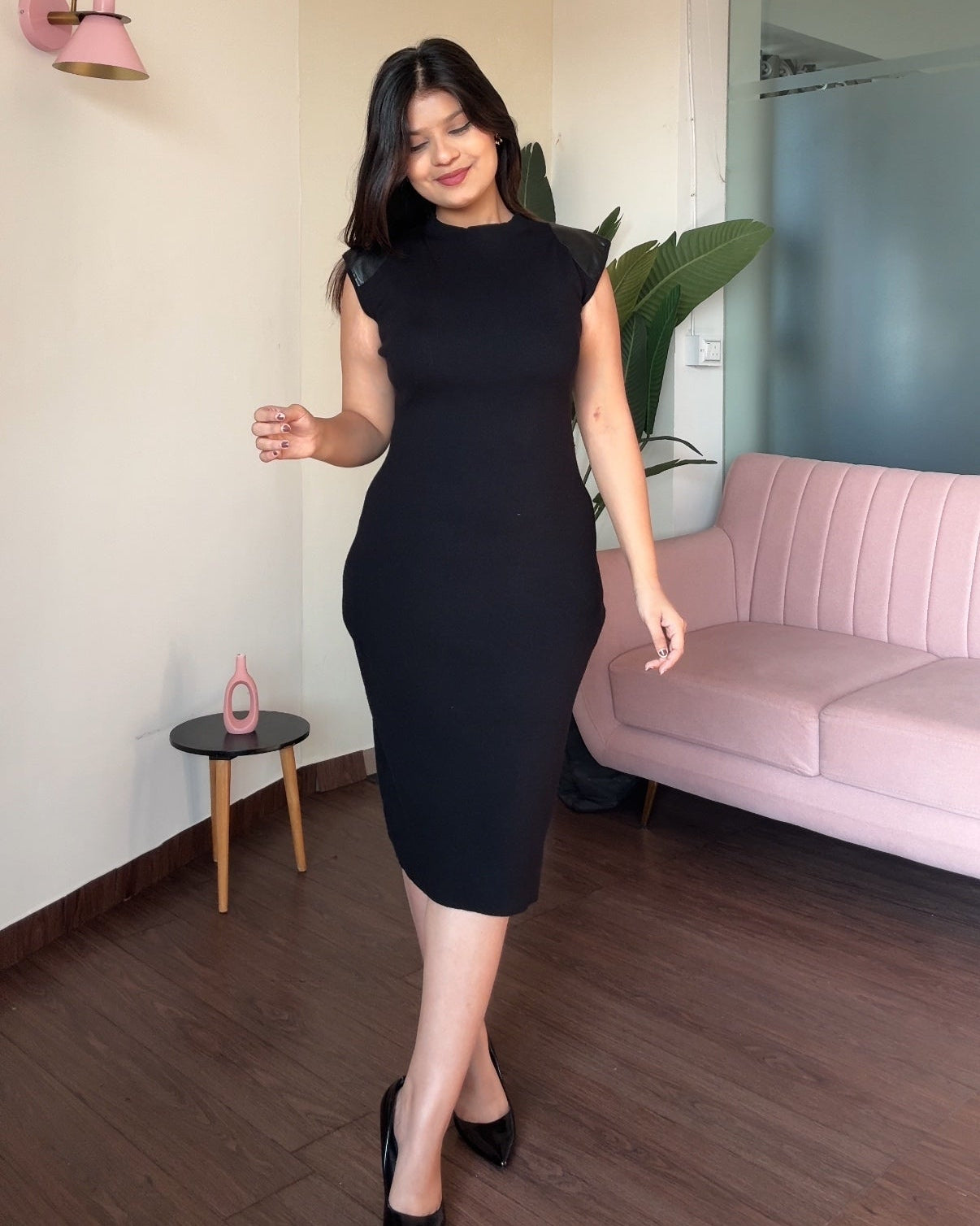 Knitted Midi Dress With Leather Shoulder Detailing