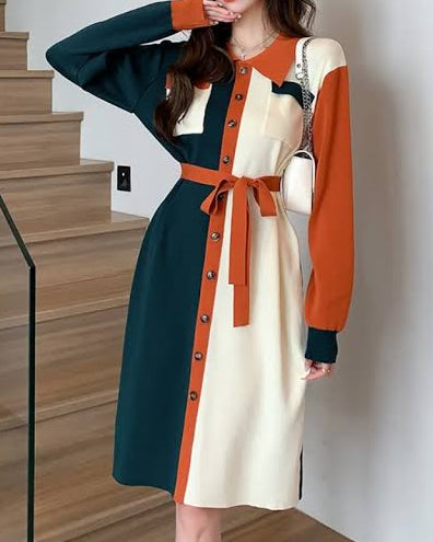 Colour Block Winter Shirt Dress With Belt