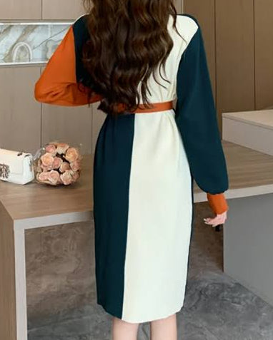 Colour Block Winter Shirt Dress With Belt