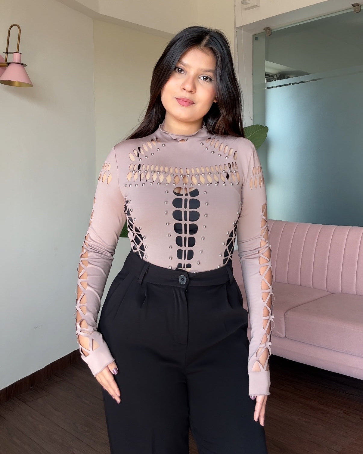 Cut Work Golden Stone Detailing Bodysuit
