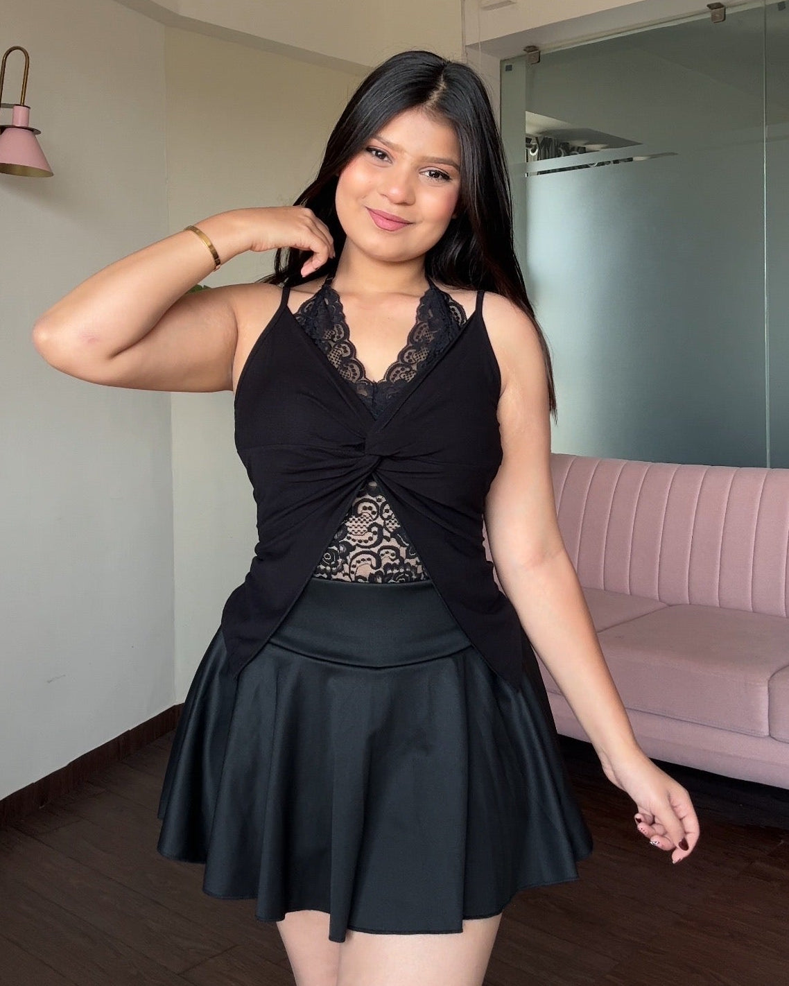 Knot Detailing Lacy Double Layered Padded Cami Top