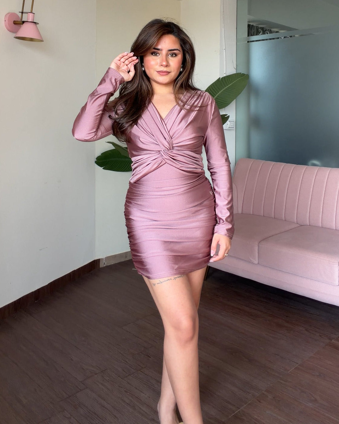Knot Detailing Ruched Mini Dress
