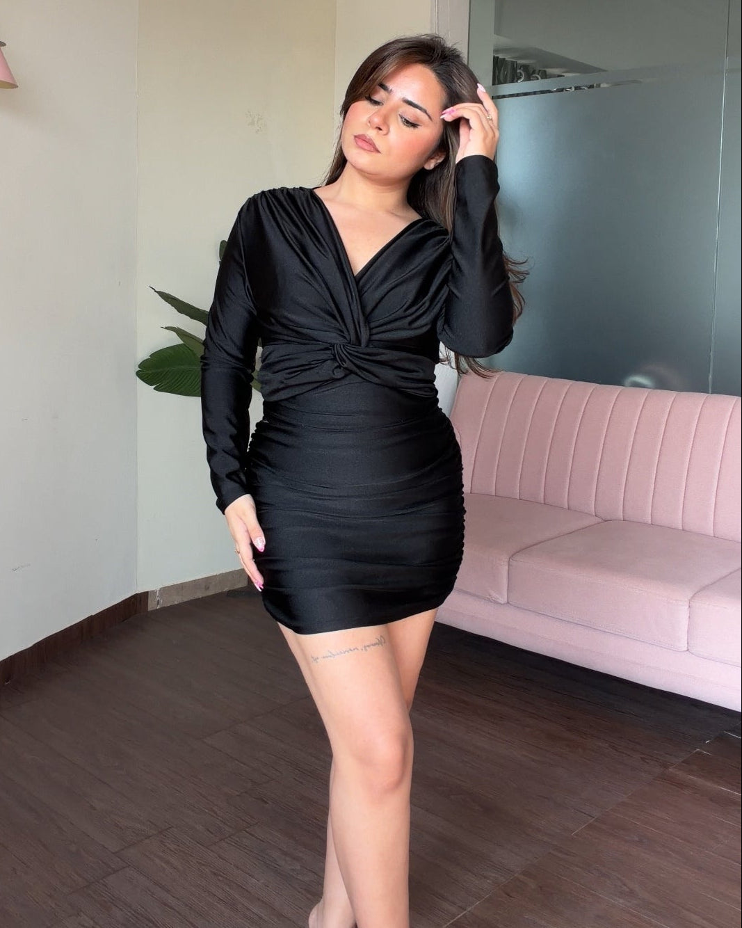 Knot Detailing Ruched Mini Dress