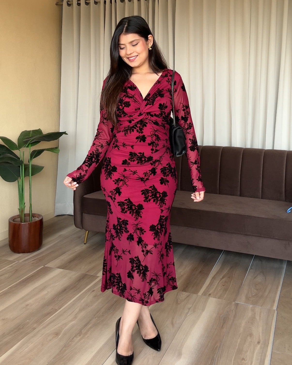 Knot Detailing Velvet Floral Mesh Dress