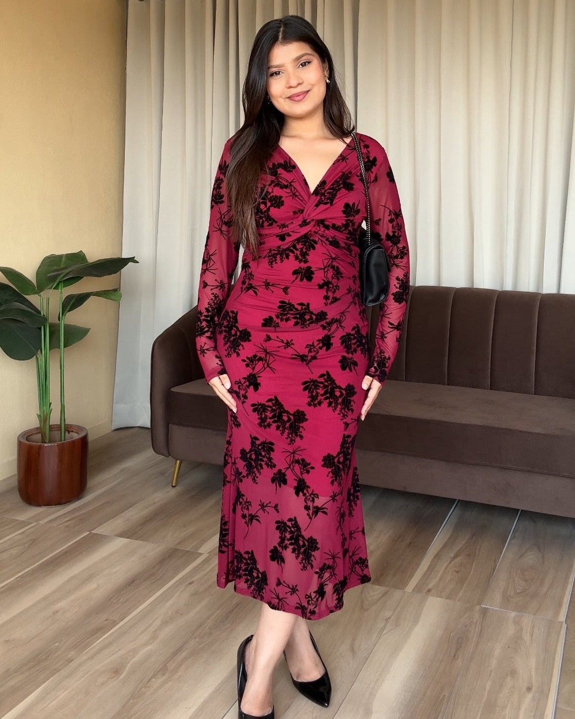 Knot Detailing Velvet Floral Mesh Dress