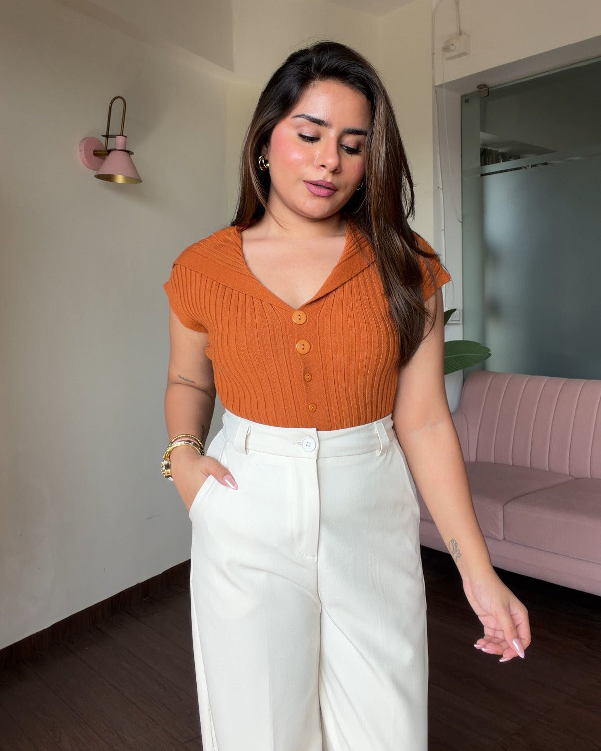 Korean Collar Button Detailing Ribbed Top
