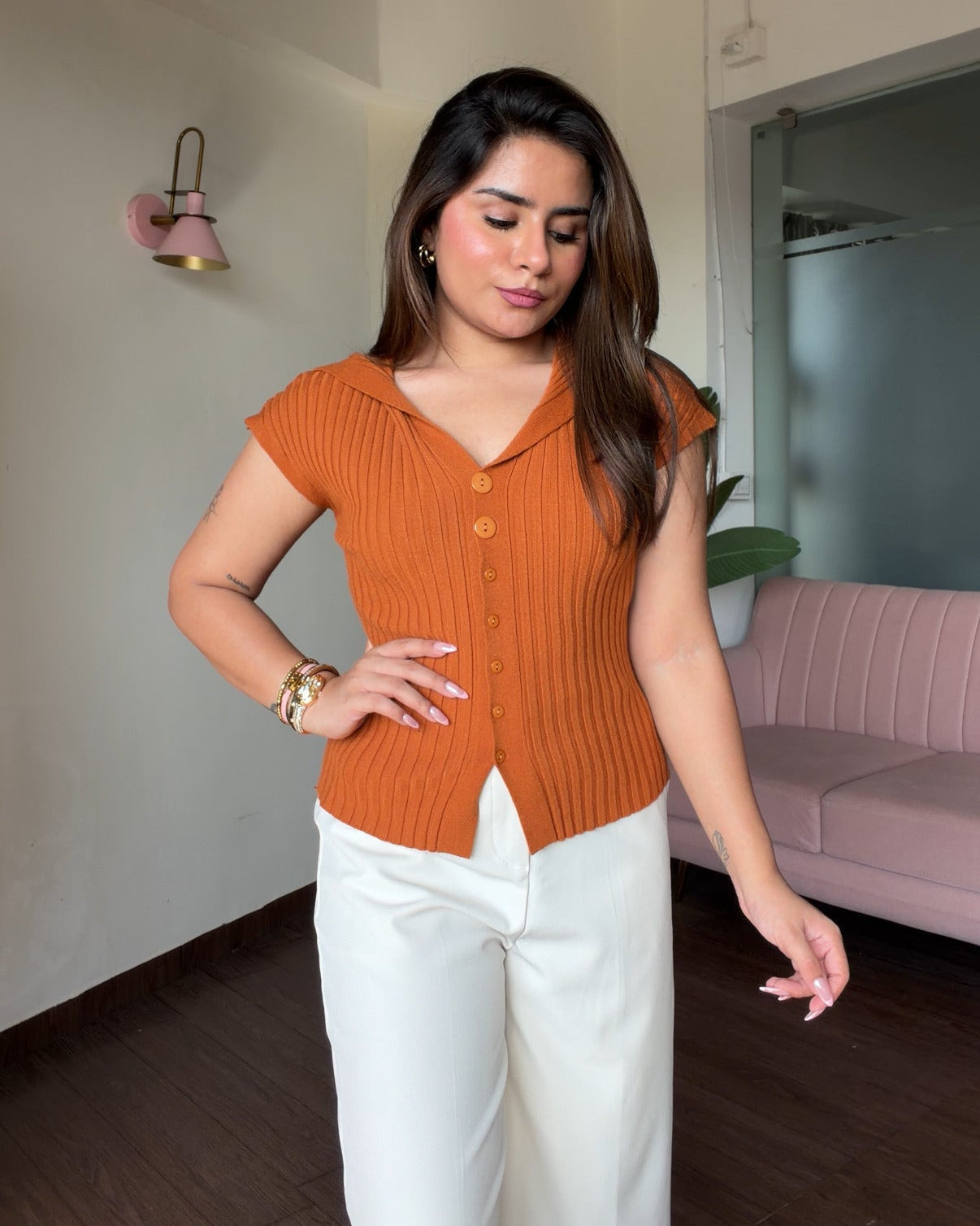 Korean Collar Button Detailing Ribbed Top