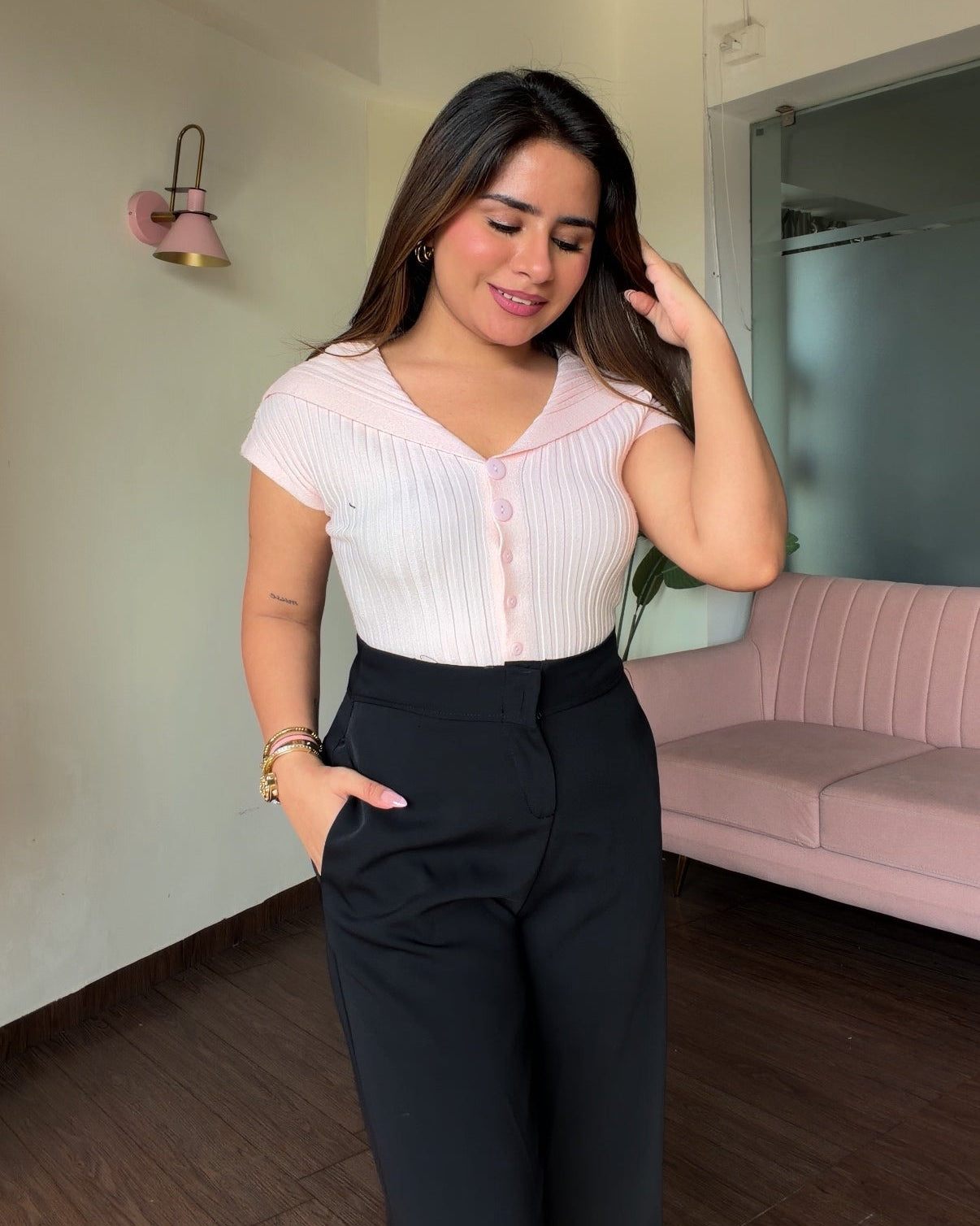 Korean Collar Button Detailing Ribbed Top