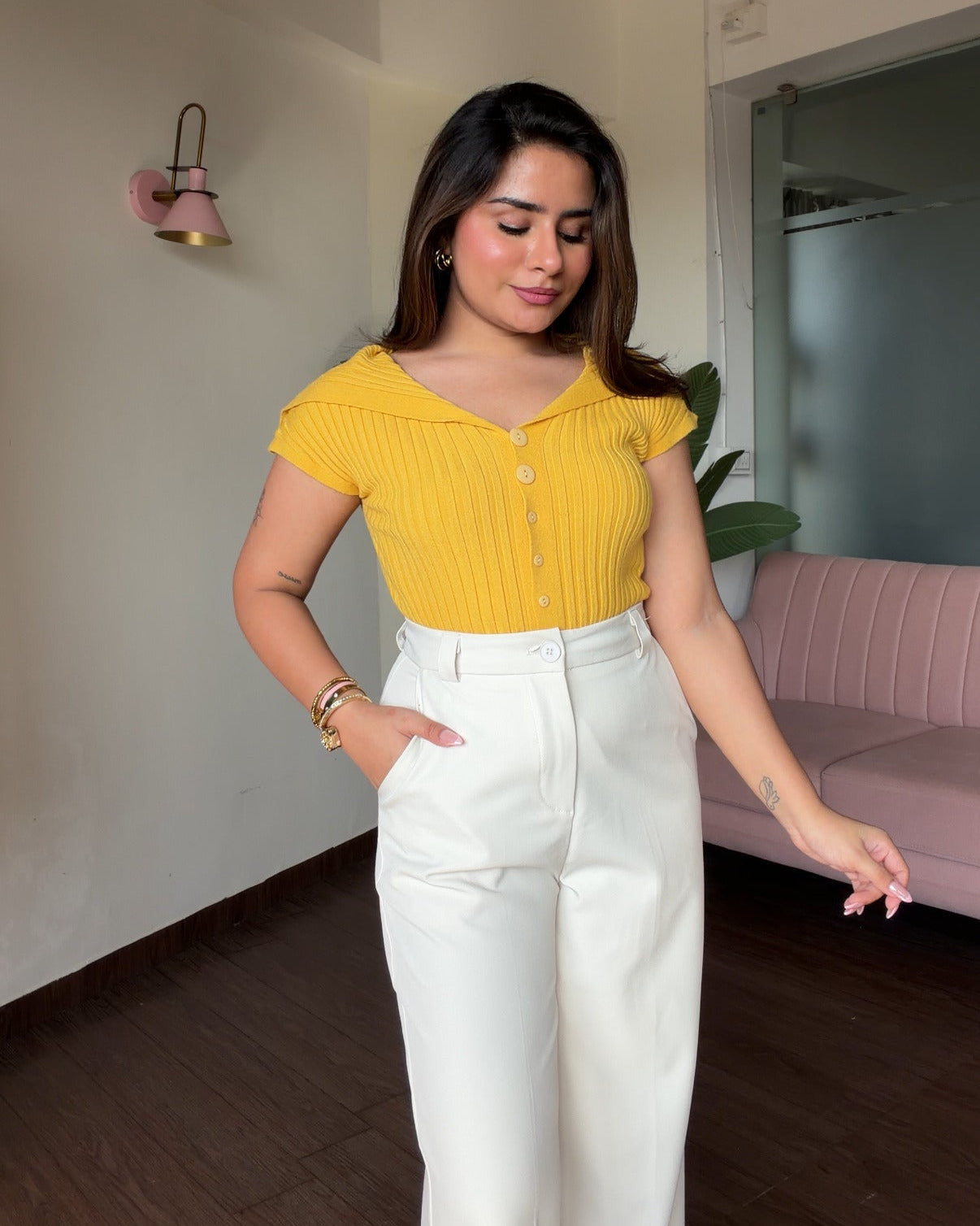 Korean Collar Button Detailing Ribbed Top