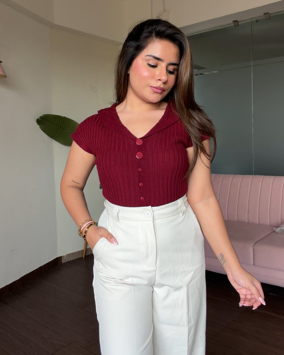 Korean Collar Button Detailing Ribbed Top