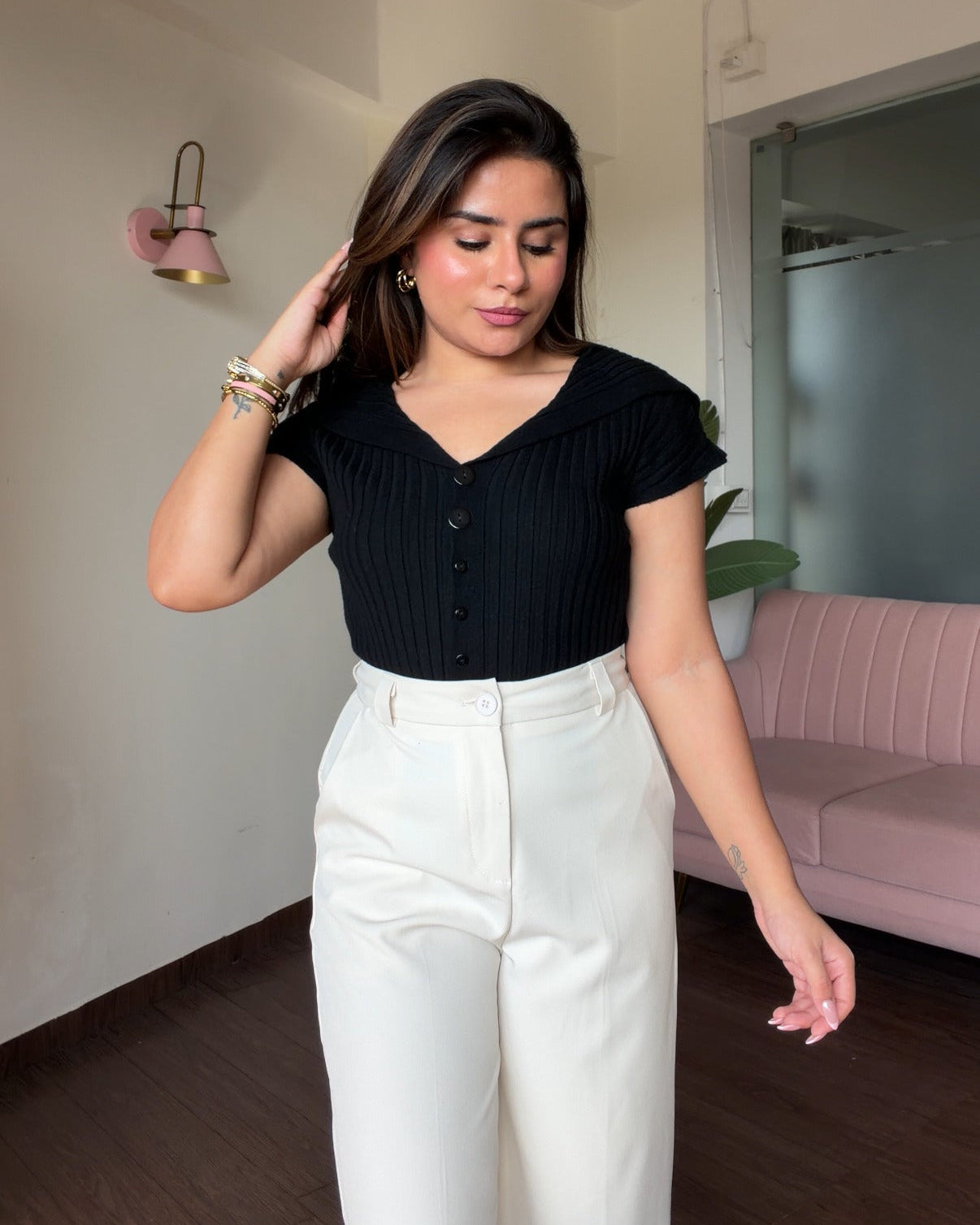 Korean Collar Button Detailing Ribbed Top