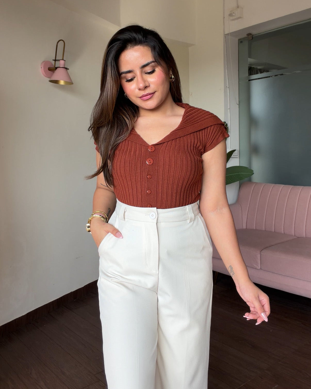 Korean Collar Button Detailing Ribbed Top
