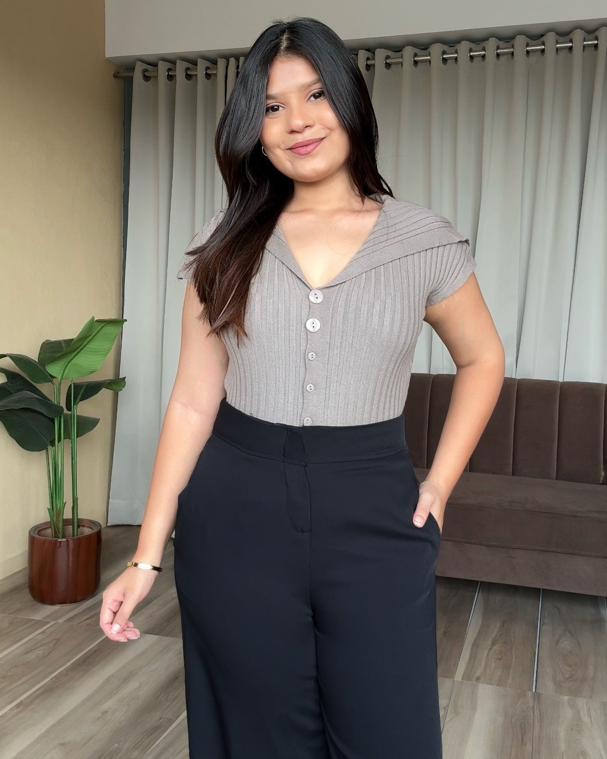 Korean Collar Button Detailing Ribbed Top
