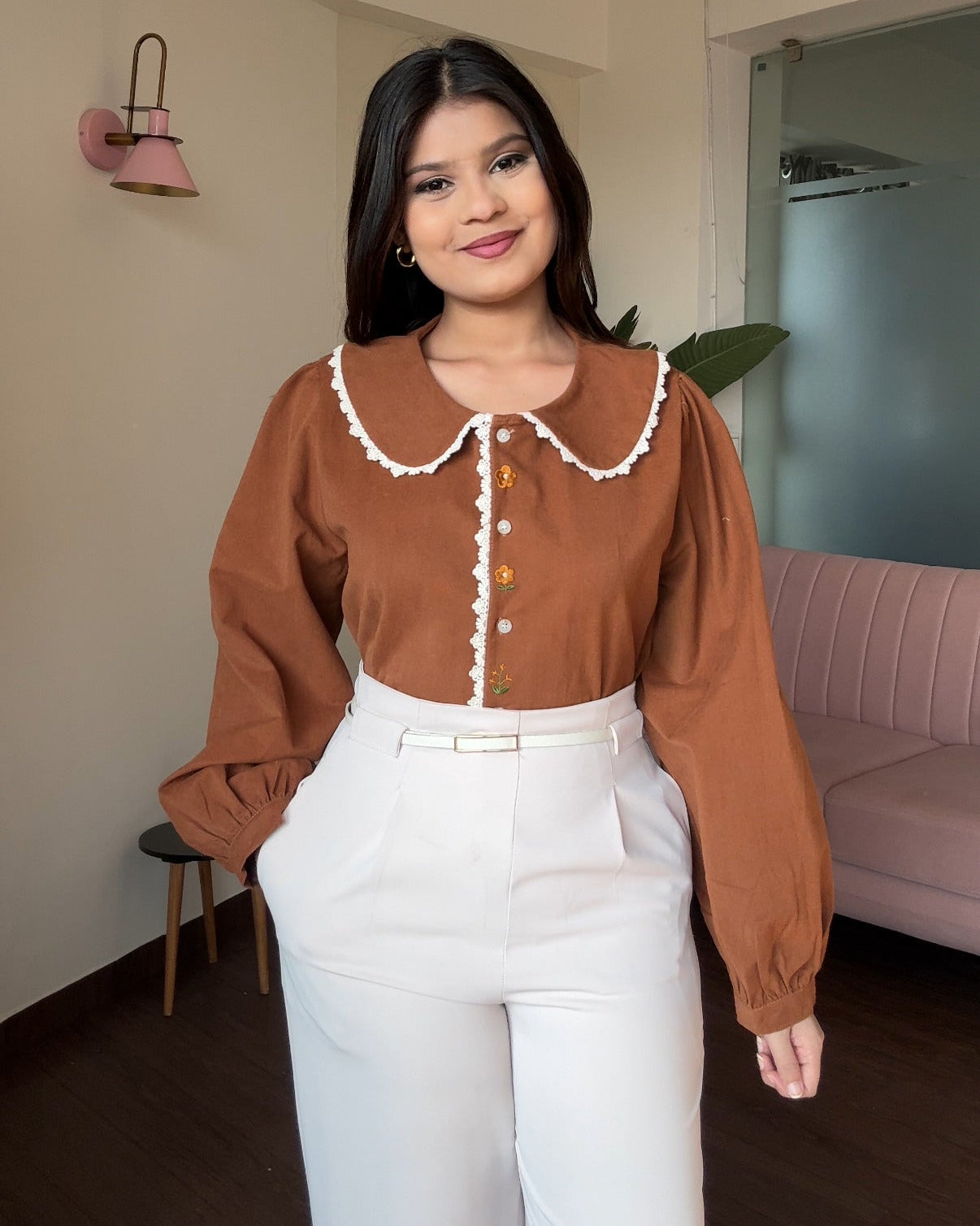 Korean Collar Thick Shirt With Button Floral Detailing Blouse