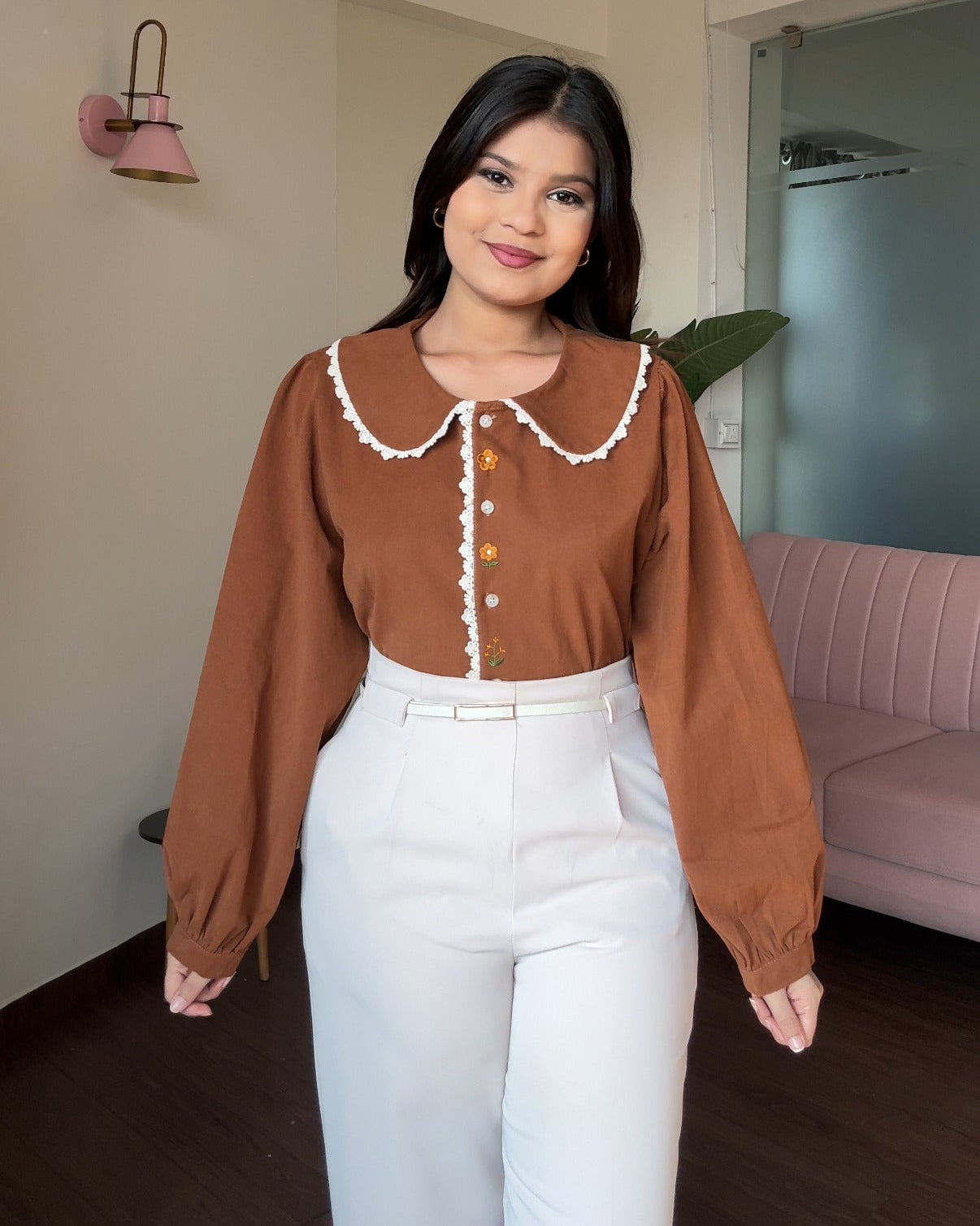 Korean Collar Thick Shirt With Button Floral Detailing Blouse