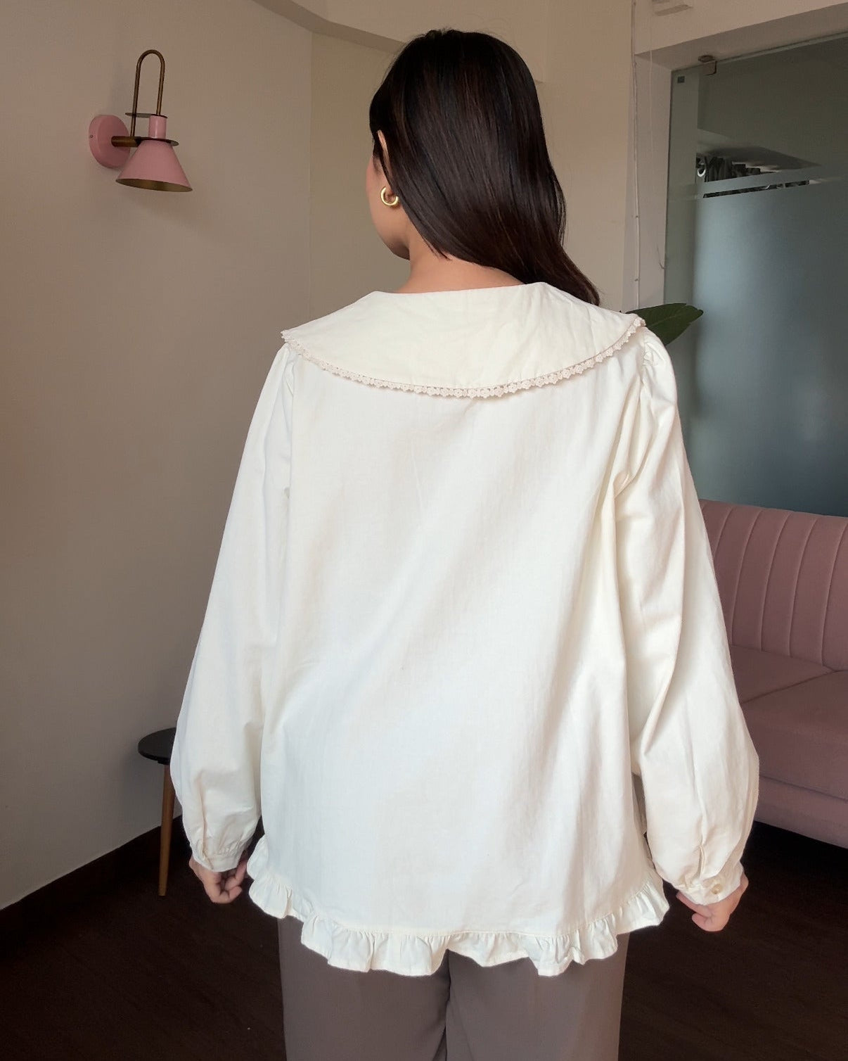 Korean Collar Thick Shirt With Button Floral Detailing Blouse
