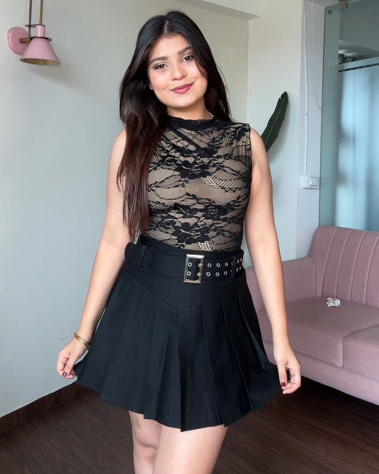 Korean Pleated Skirt With Belt