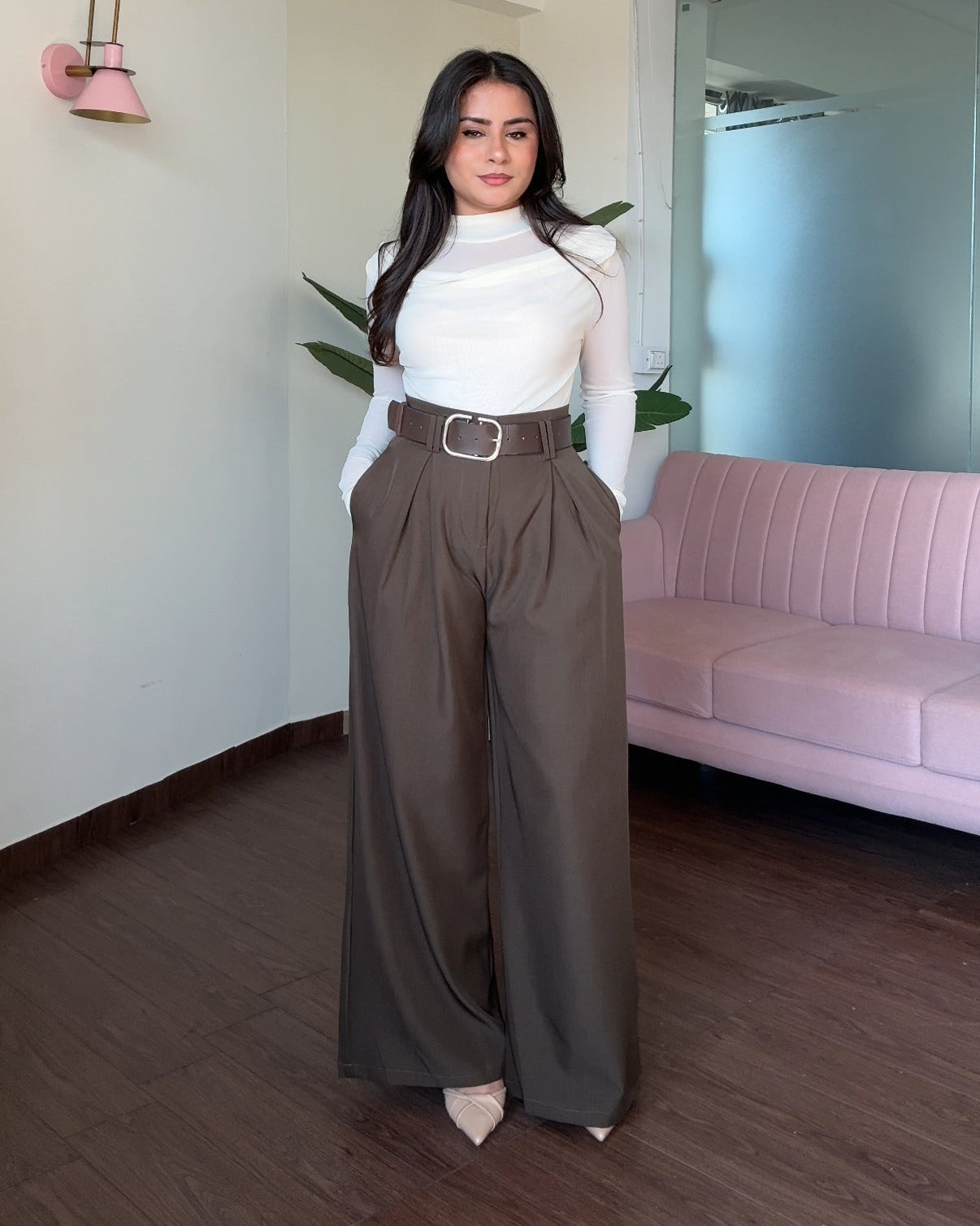 Korean Pleated Wide Legged Pants With Belt