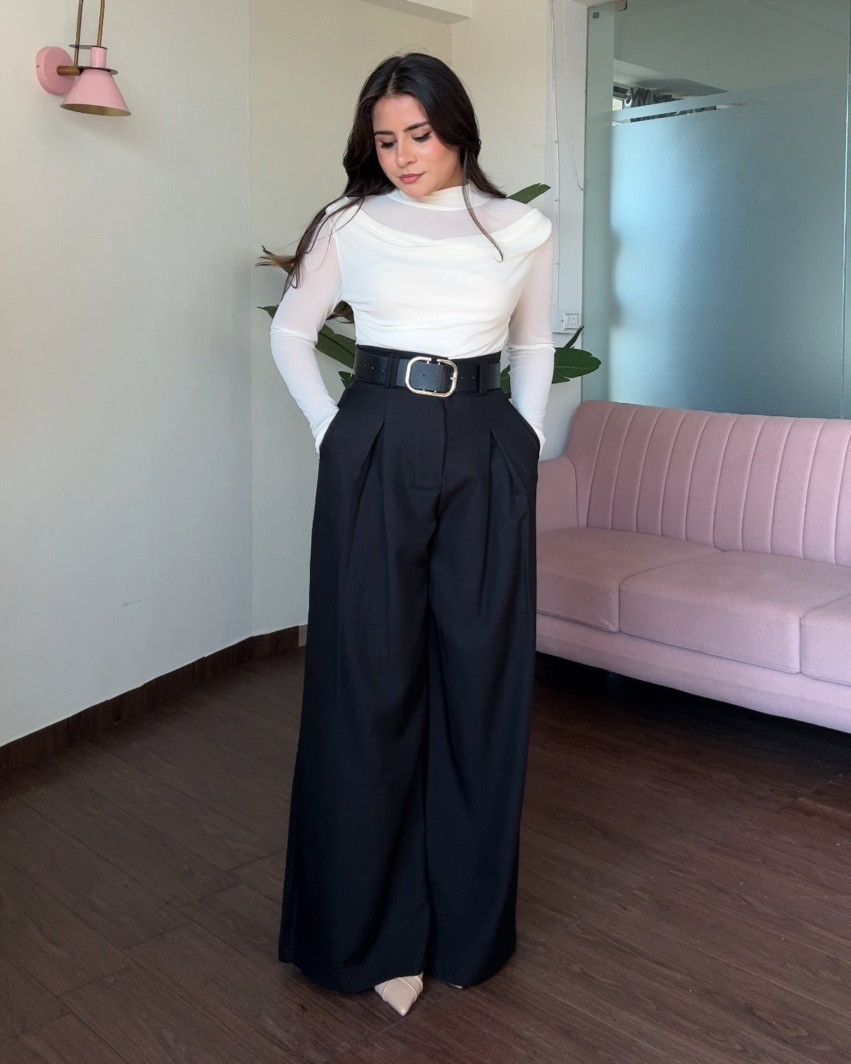 Korean Pleated Wide Legged Pants With Belt