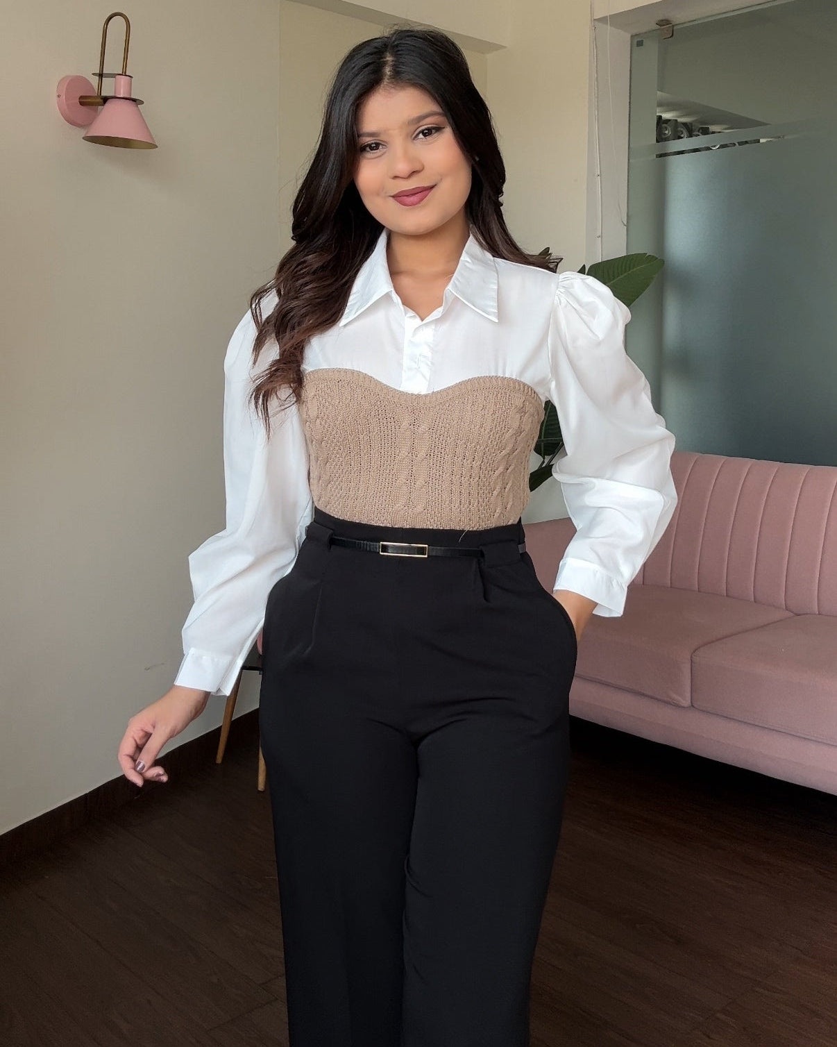 Korean Polo Full Sleeve Shirt With Textured Bustier