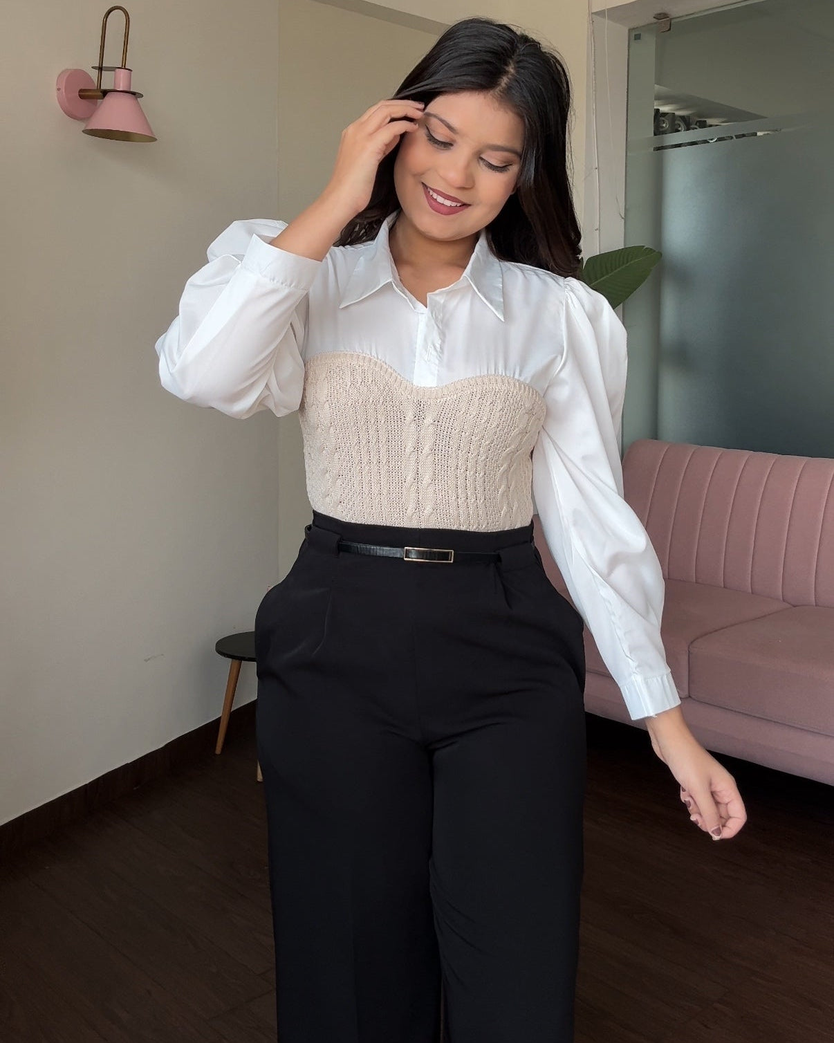 Korean Polo Full Sleeve Shirt With Textured Bustier
