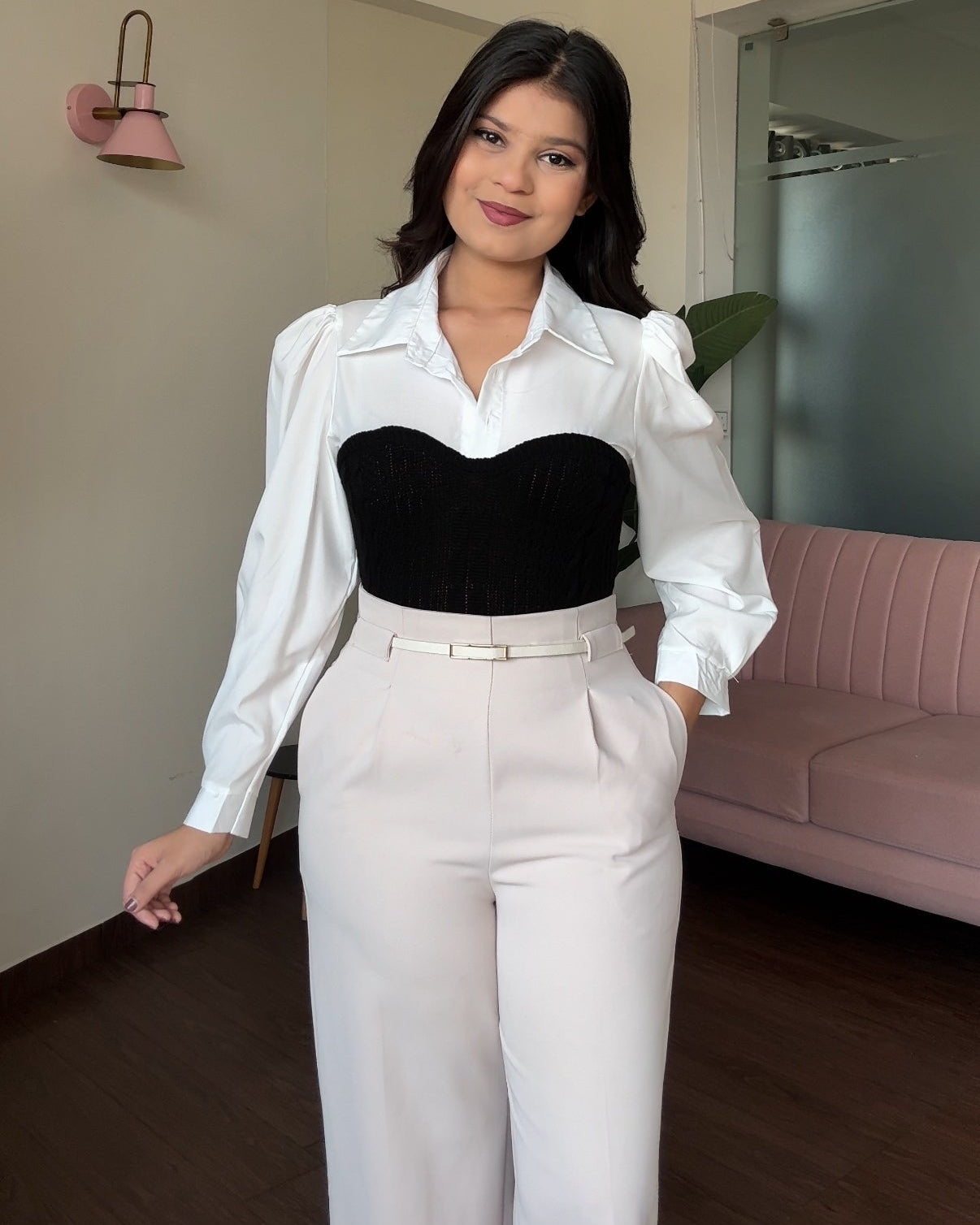 Korean Polo Full Sleeve Shirt With Textured Bustier