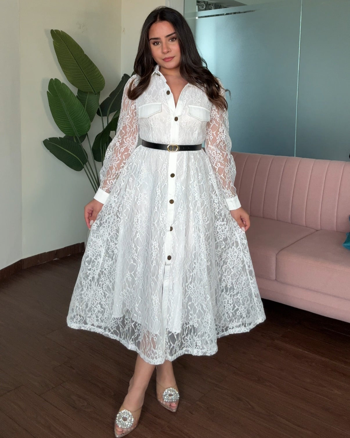Lace Button Up Midi Dress With Belt