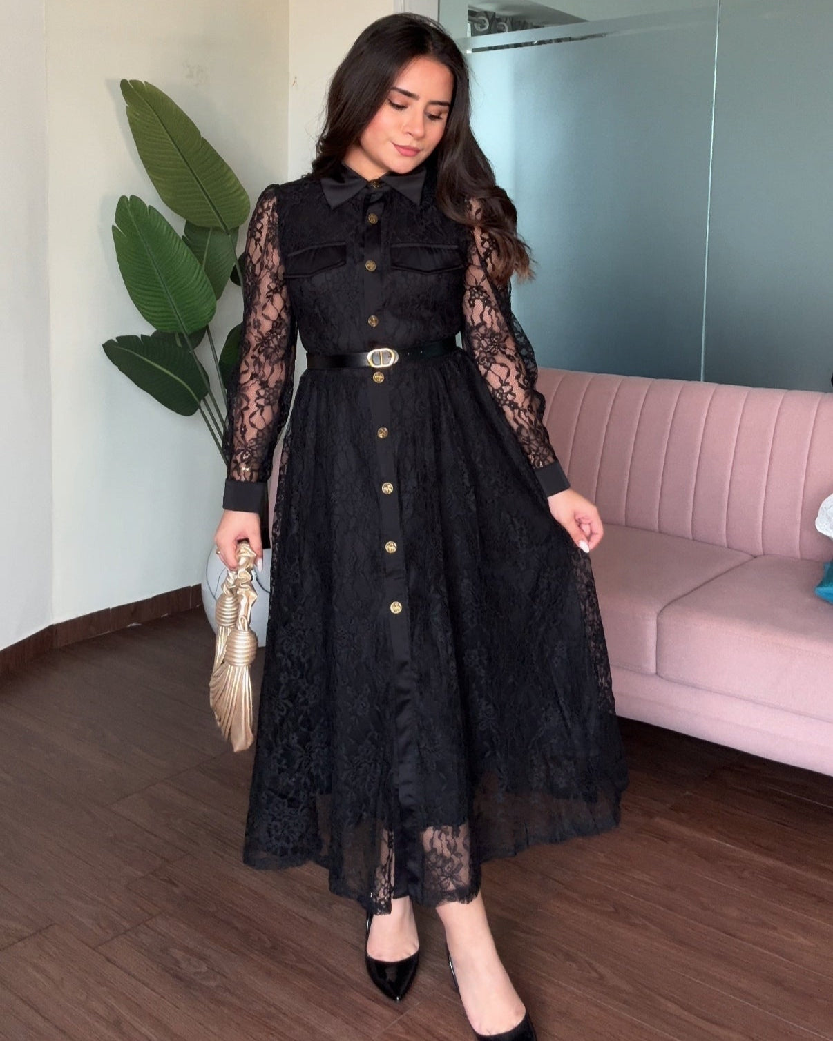 Lace Button Up Midi Dress With Belt