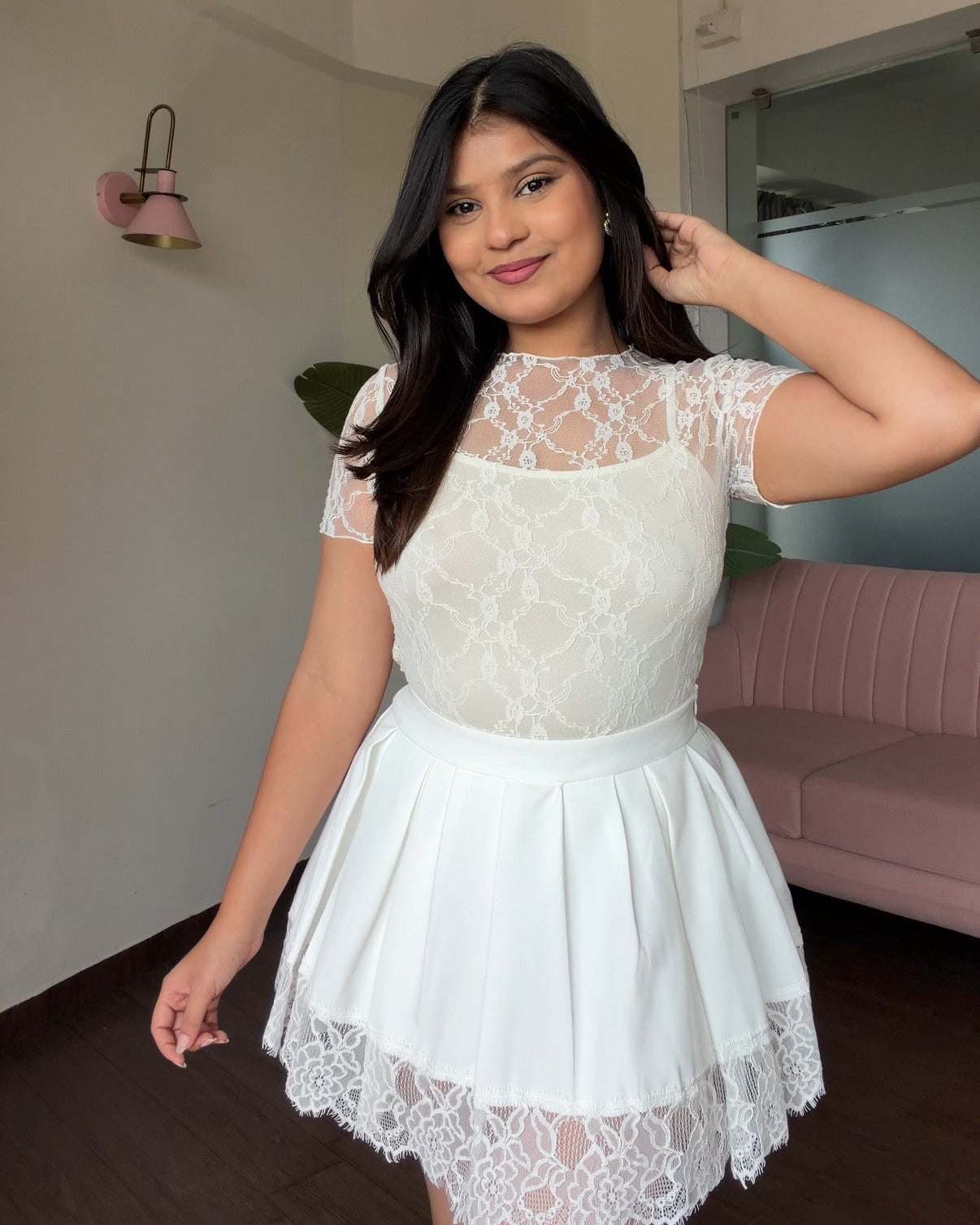 Lace Detailing Mesh Top With Inner