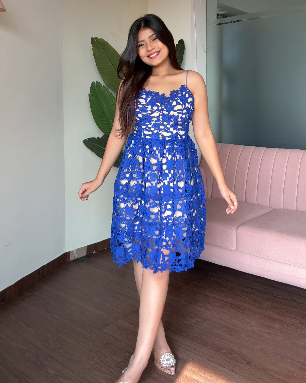 Lace Detailing Strappy Midi Flared Dress