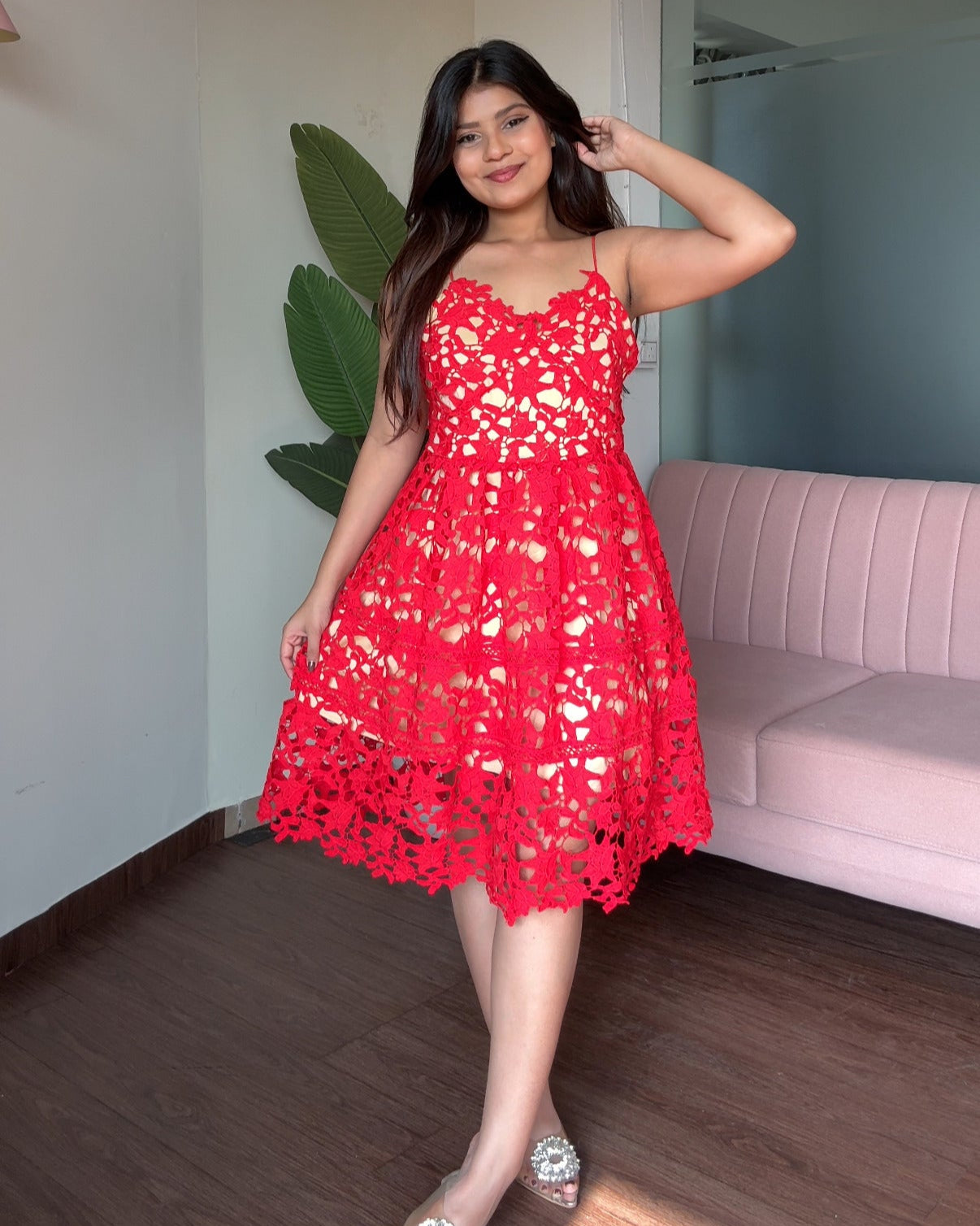 Lace Detailing Strappy Midi Flared Dress