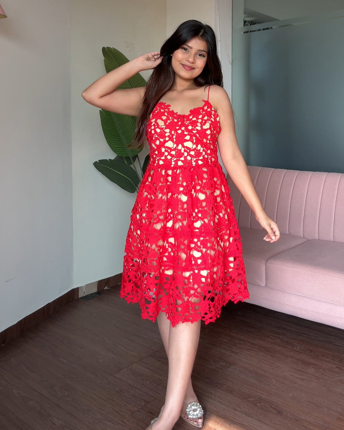 Lace Detailing Strappy Midi Flared Dress