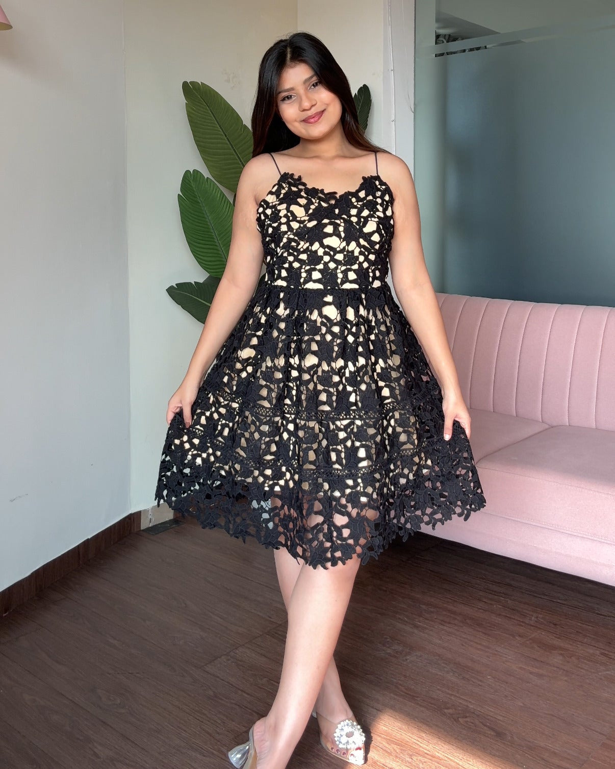 Lace Detailing Strappy Midi Flared Dress