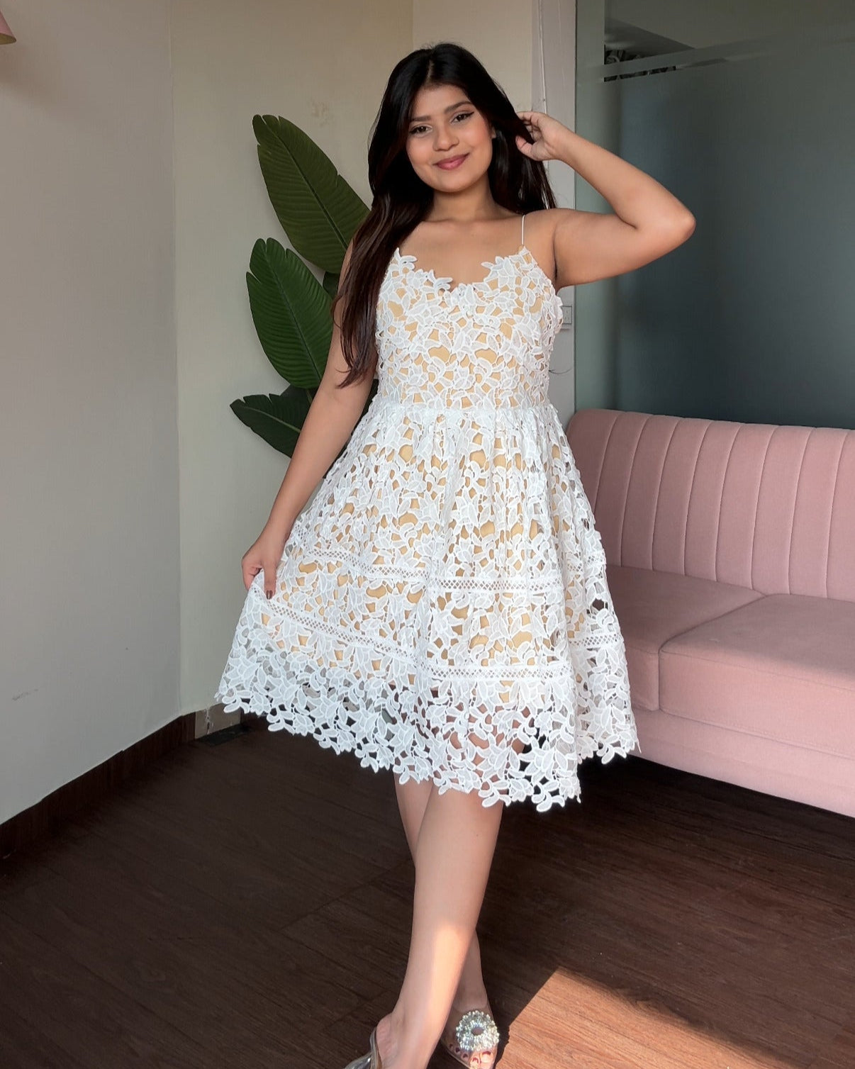 Lace Detailing Strappy Midi Flared Dress