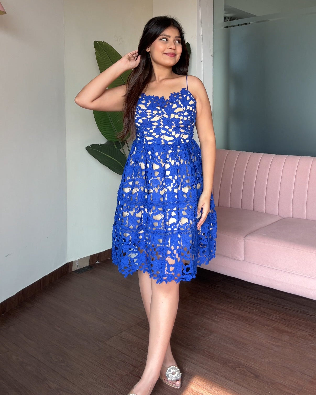 Lace Detailing Strappy Midi Flared Dress