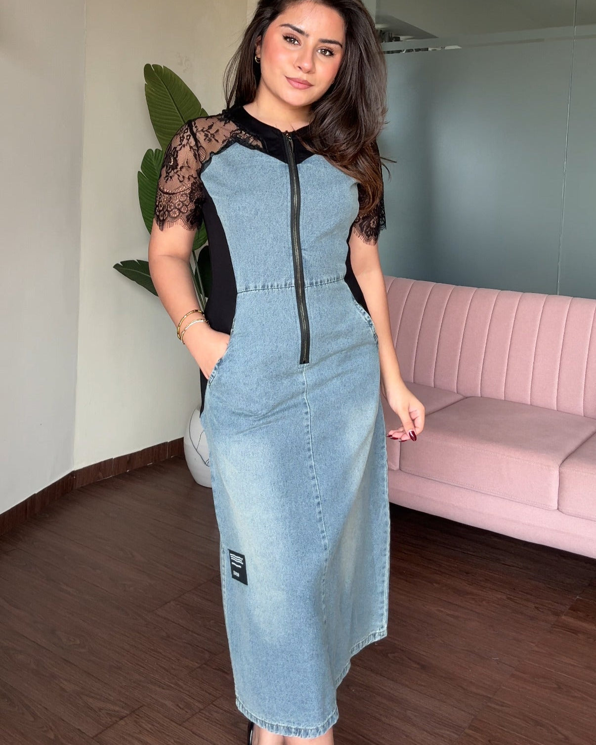 Lace Detailing Zip Up Denim Dress