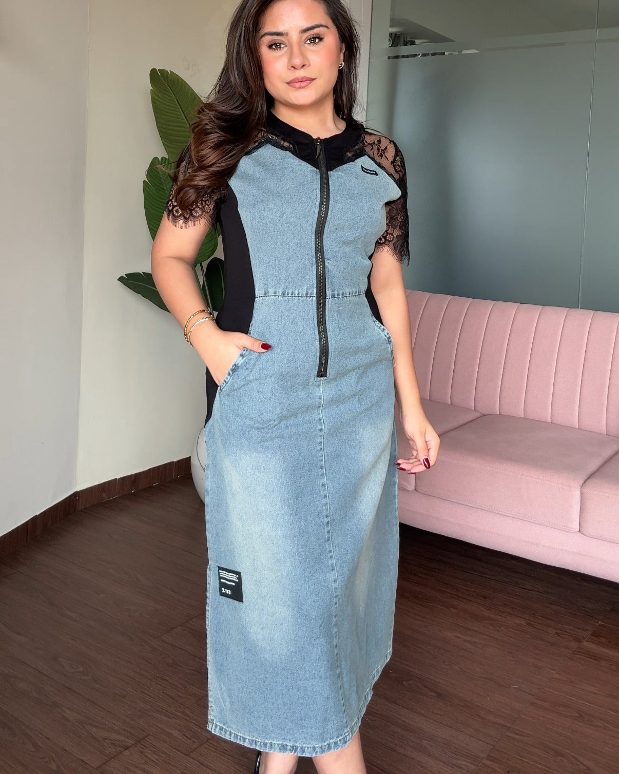 Lace Detailing Zip Up Denim Dress