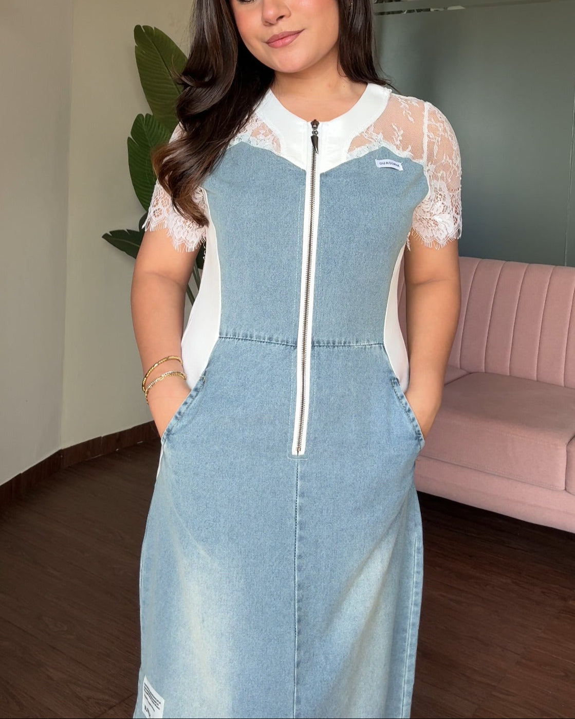 Lace Detailing Zip Up Denim Dress