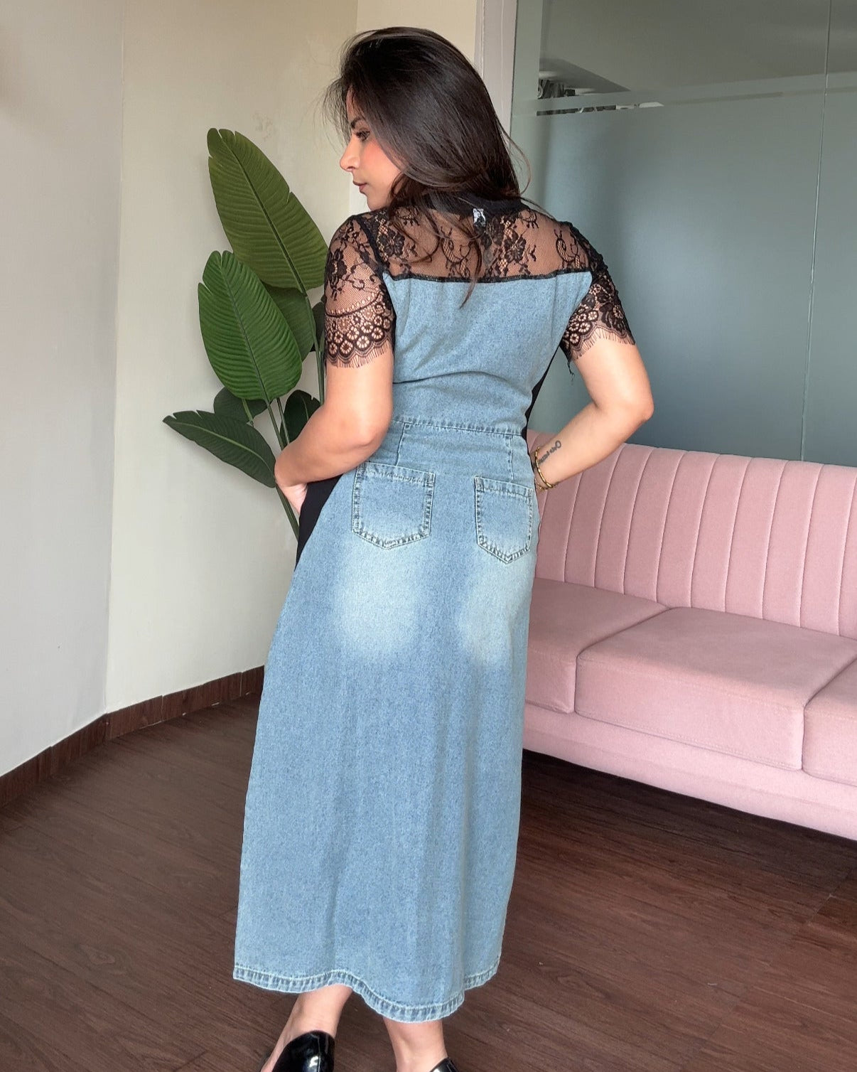 Lace Detailing Zip Up Denim Dress