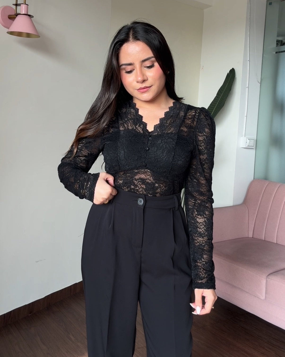 Lace V Neck Sheer Padded Top