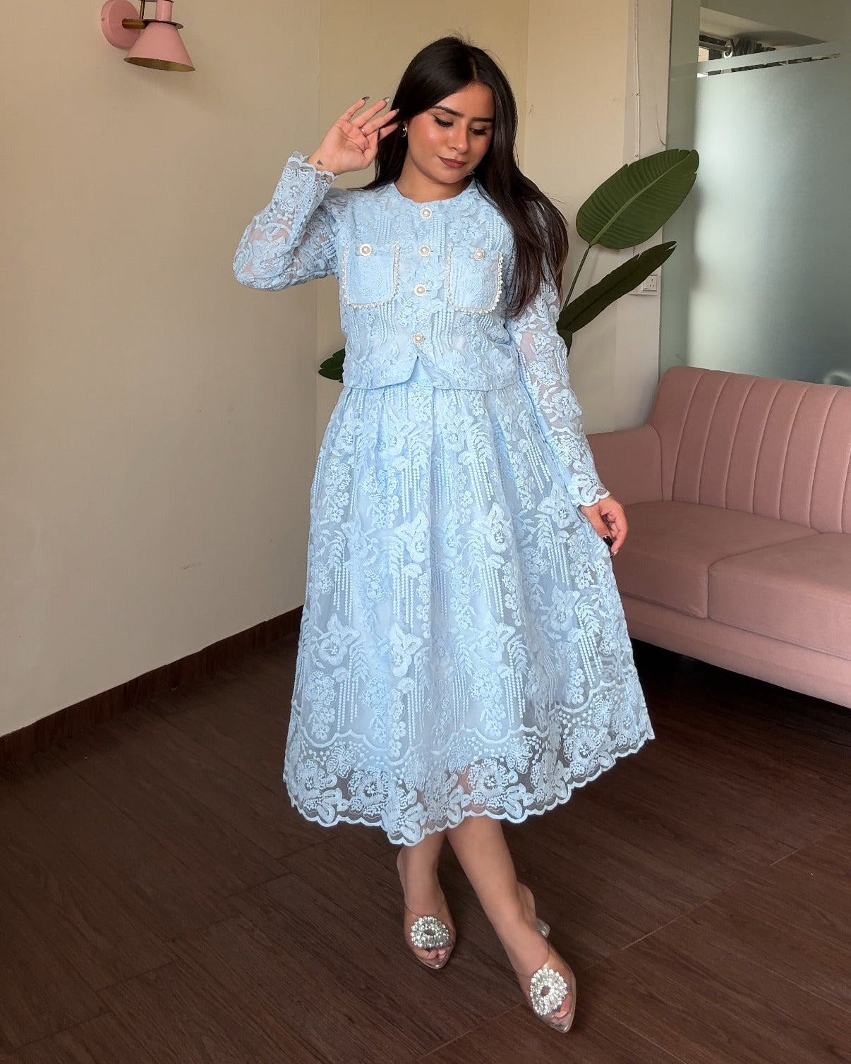 Lace Work Rhinestone Detailing Co-ord Set