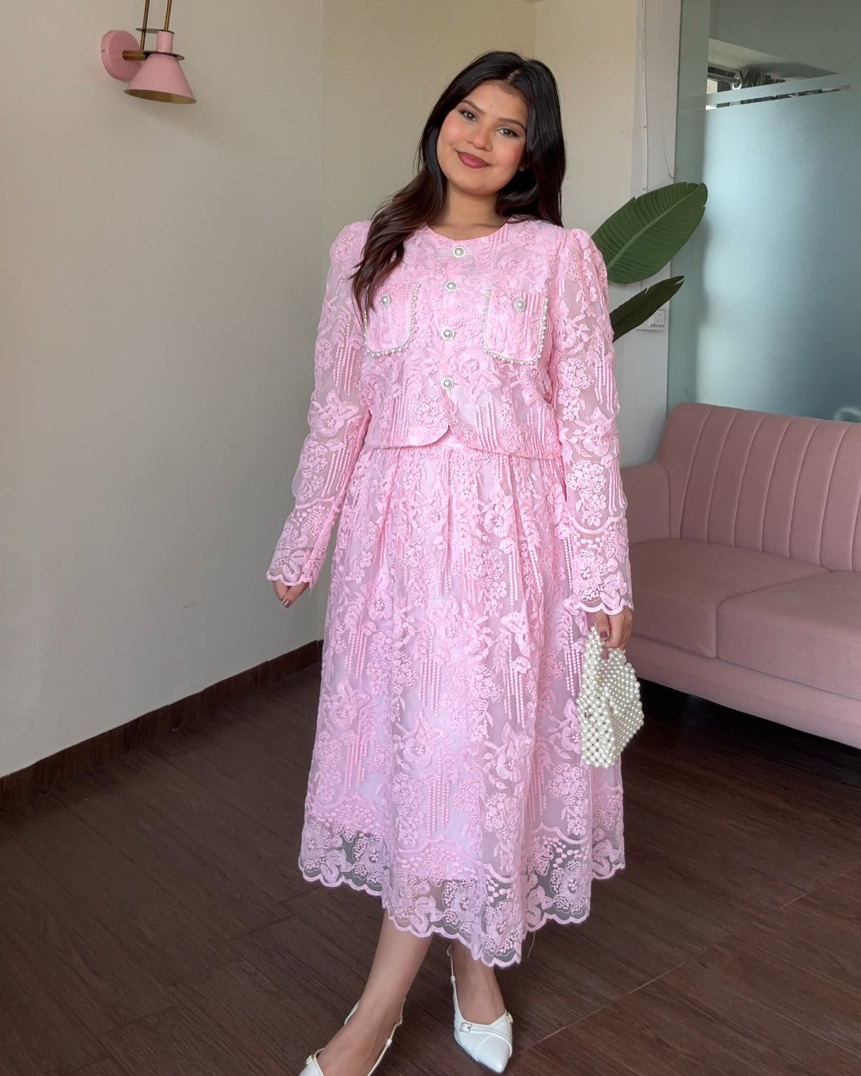 Lace Work Rhinestone Detailing Co-ord Set