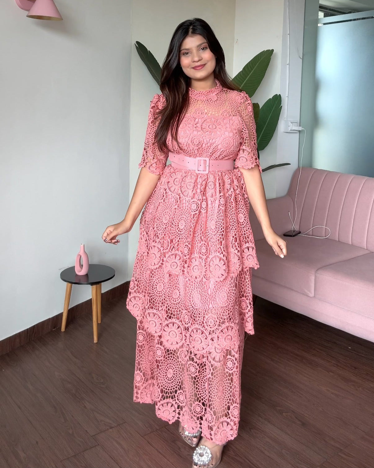 Lacy Belted Flared Midi Dress