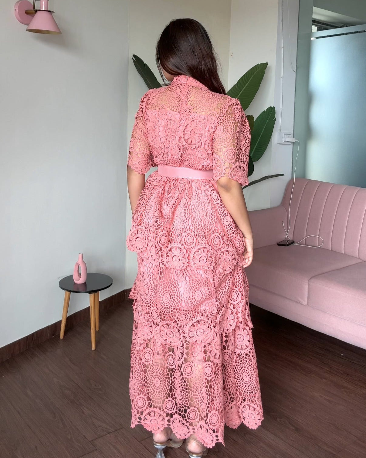 Lacy Belted Flared Midi Dress