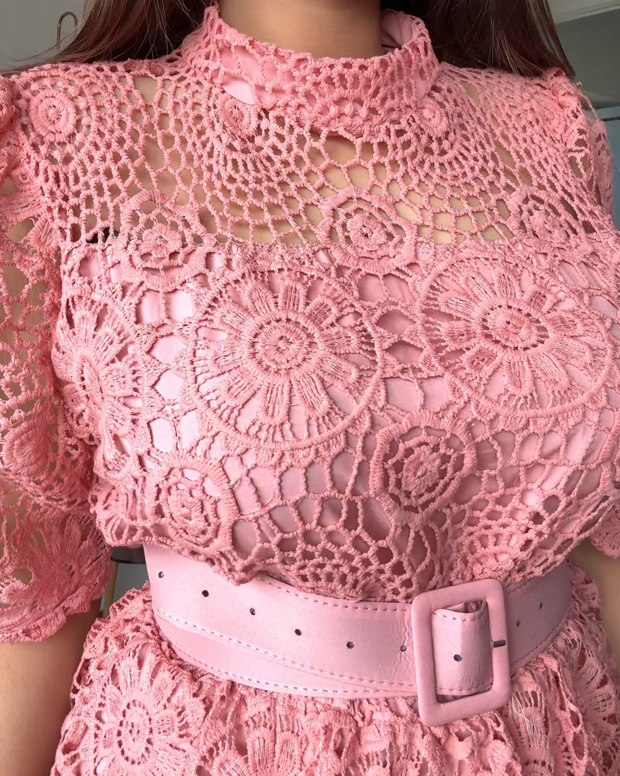 Lacy Belted Flared Midi Dress