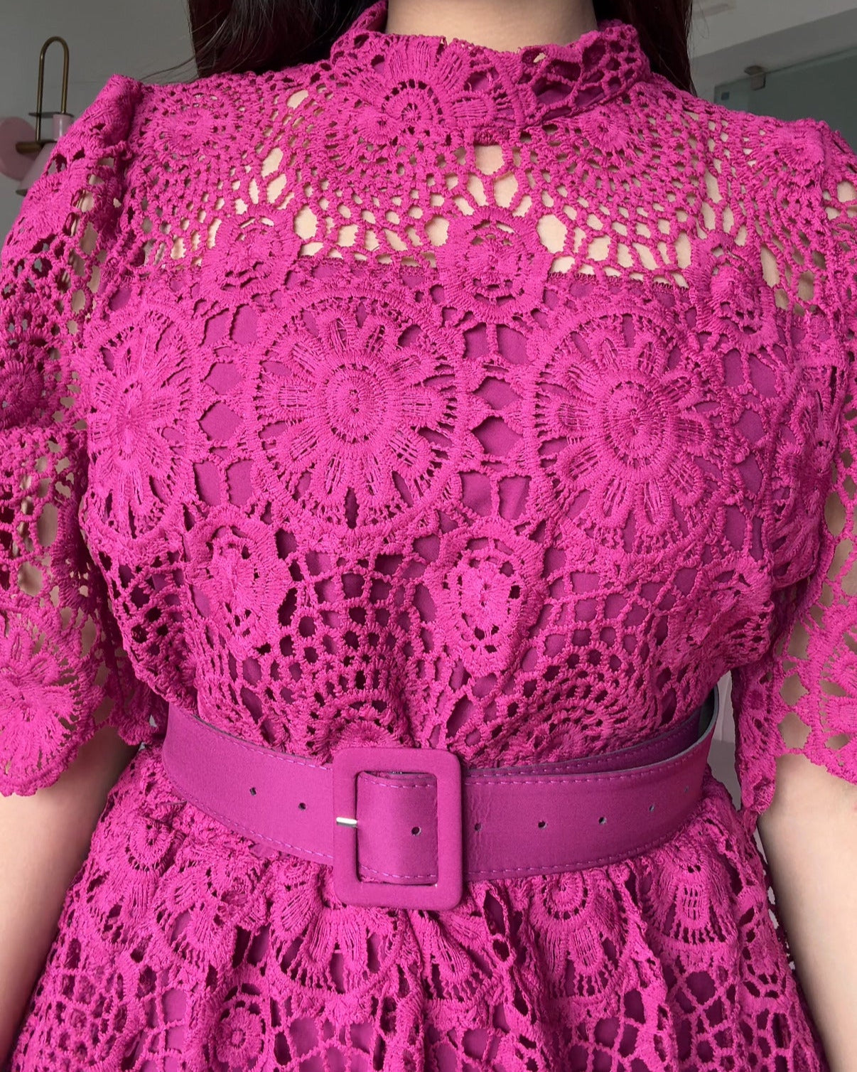 Lacy Belted Flared Midi Dress