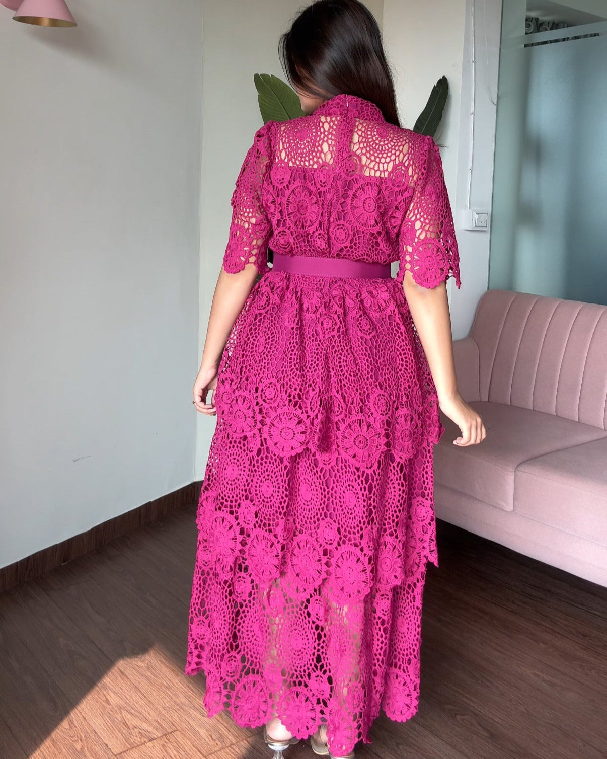 Lacy Belted Flared Midi Dress