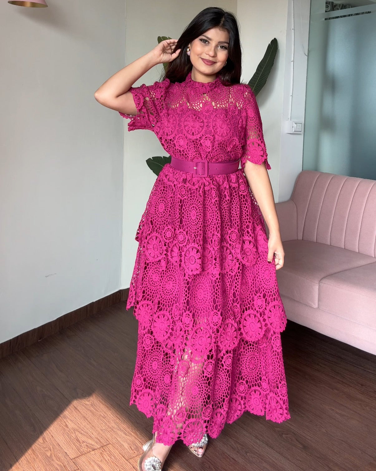 Lacy Belted Flared Midi Dress