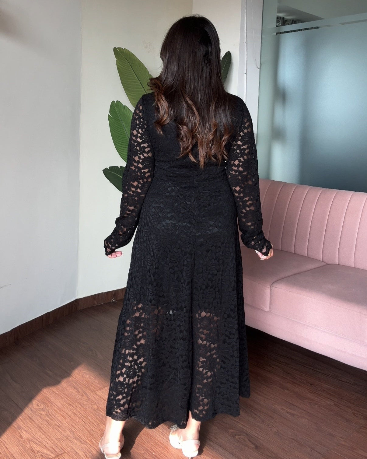 Lacy Cut Out Full Sleeves Midi Dress